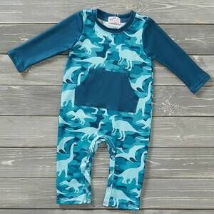 NEW PETE + LUCY boys camosaurs infant romper in teal